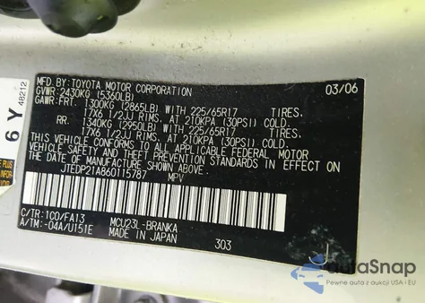 2006 Toyota Highlander Limited V6 z USA, uszkodzony, nr VIN JTEDP21A860115787